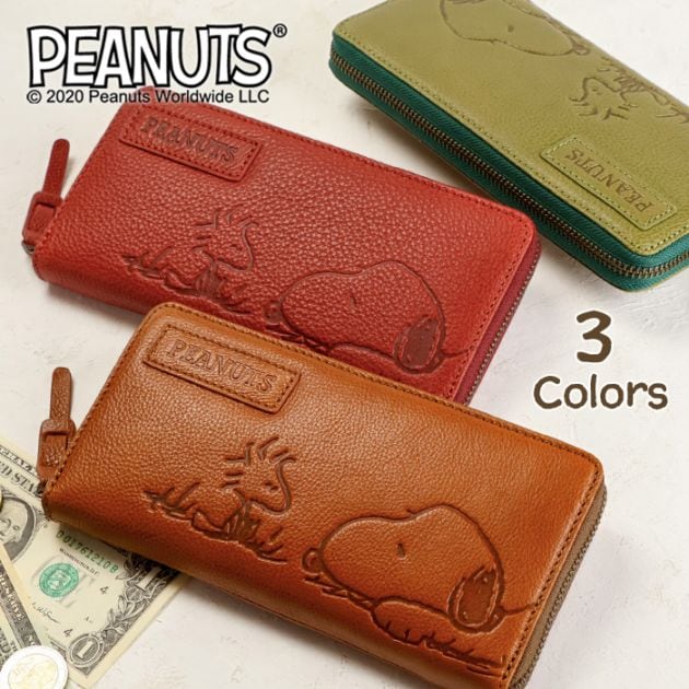 SNOOPY（スヌーピー）牛革 長財布 ラウンドファスナー「FACE」PEANUTS ウッドストック