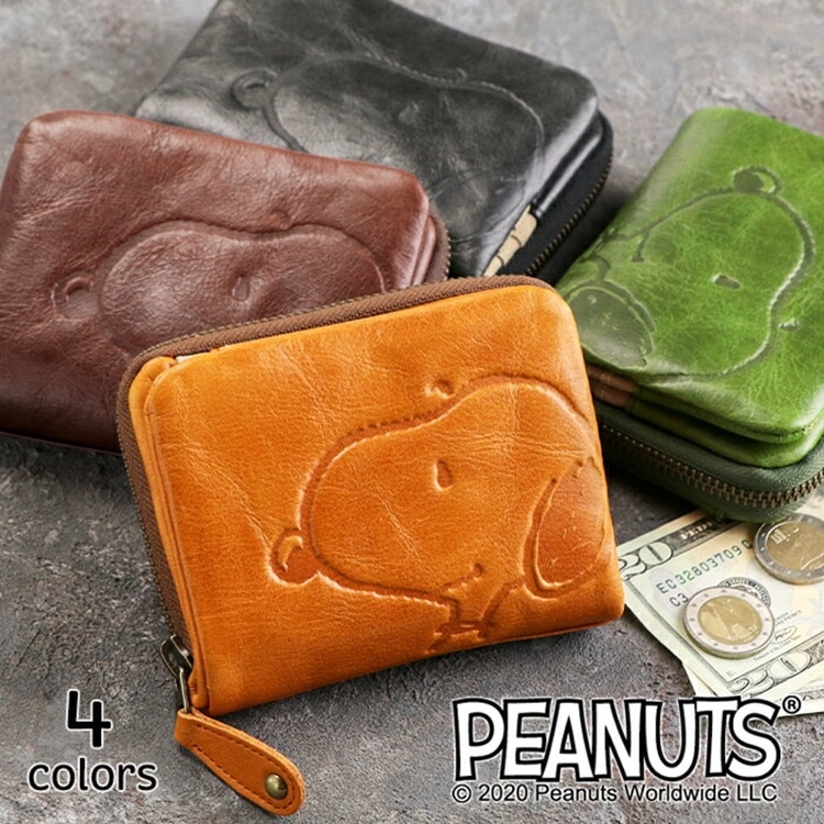 SNOOPY（スヌーピー）牛革 二つ折り財布 ラウンドファスナー「MOTHERS」マザーズ PEANUTS