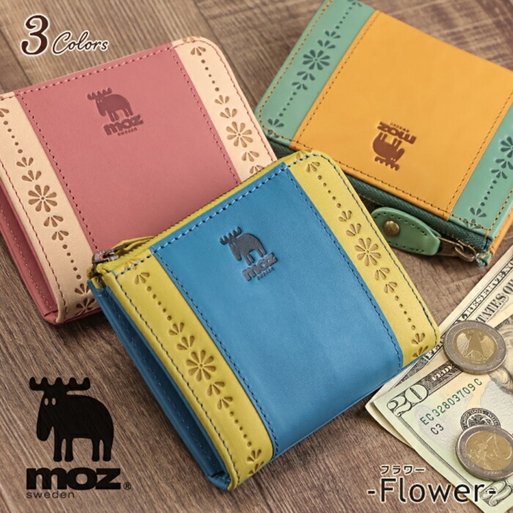 moz（モズ） ミニ財布 牛革 L字ファスナー 財布 薄い「フラワー」Flower