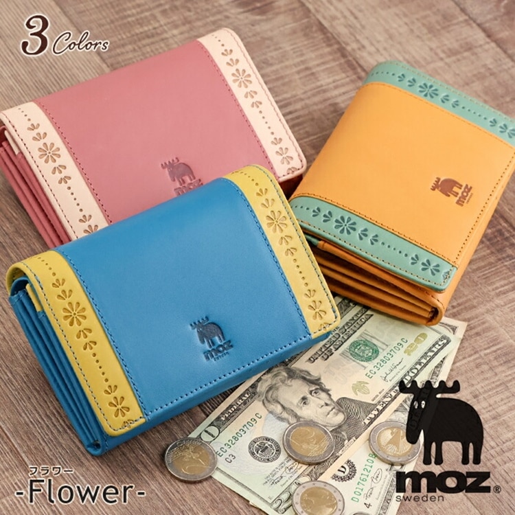 moz（モズ）牛革 二つ折り財布 カブセ「フラワー」Flower 北欧 