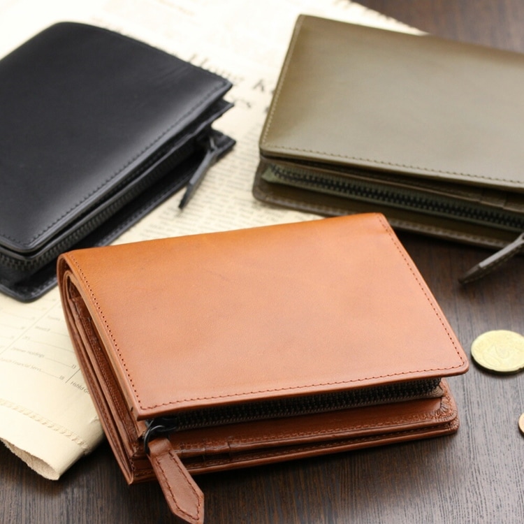 イタリアンレザー 植物タンニンなめし革の二つ折り財布 ファスナー小銭入れつきタイプ 牛革 ABIES L.P.（アビエス）