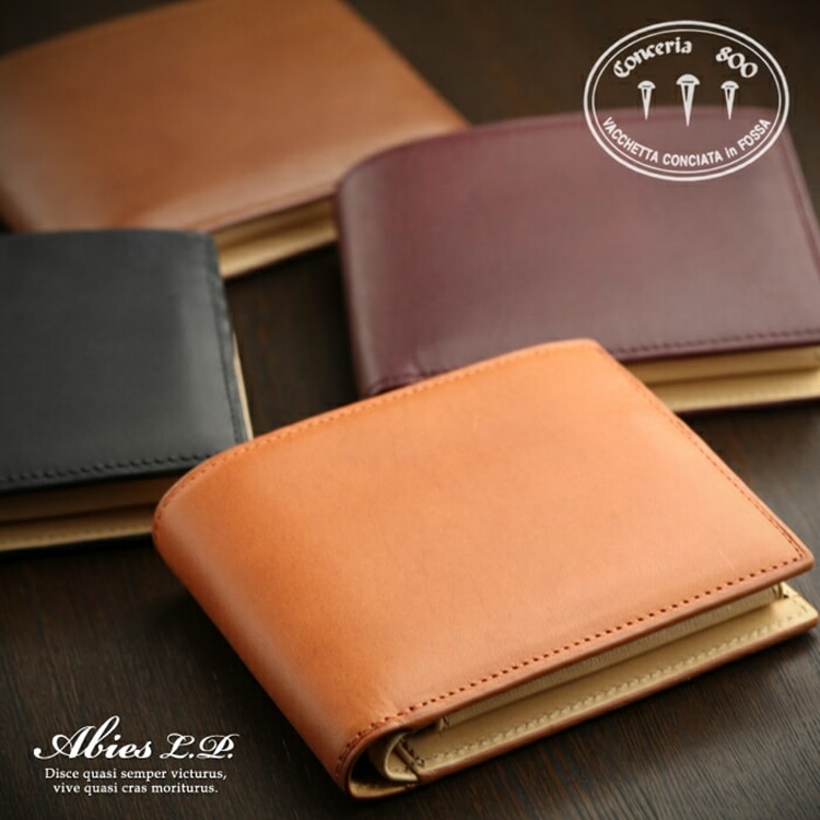 イタリアンレザー 植物タンニンなめし革 二つ折り財布（小銭入れあり） 牛革 ABIES L.P. （アビエス）