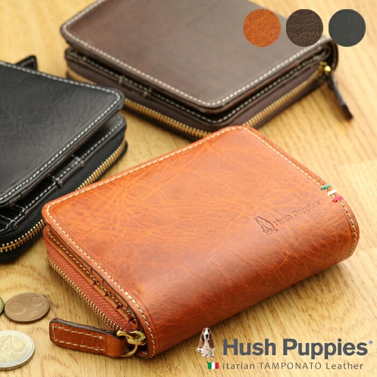 二つ折り財布 Hush Puppies（ハッシュパピー）「ラリー」 ラウンドファスナー 二つ折り財布 イタリアンレザー