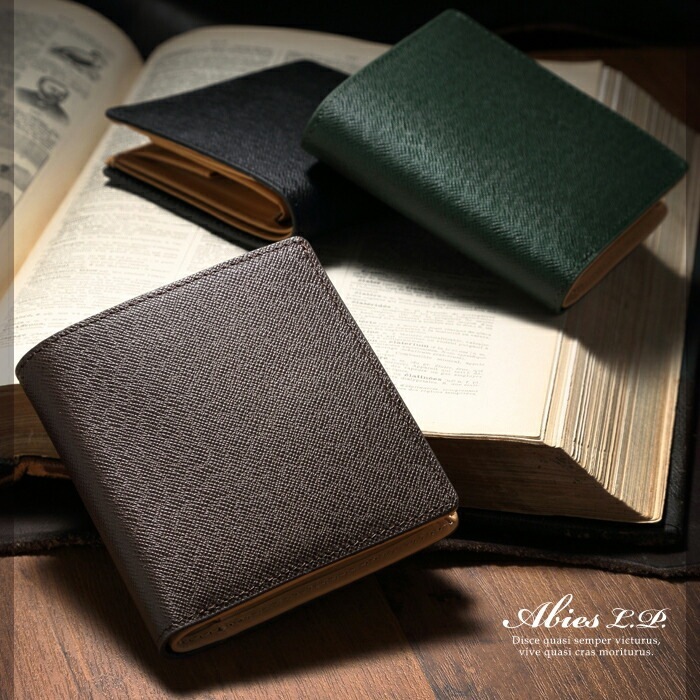 (アビエス)ABIES L.P. 本革 角シボ型押し牛革 二つ折り財布 （小銭入れなし） ブラック アビエス] 日本製 本革 二つ折り財布 プリズム（角シボ型押し牛革