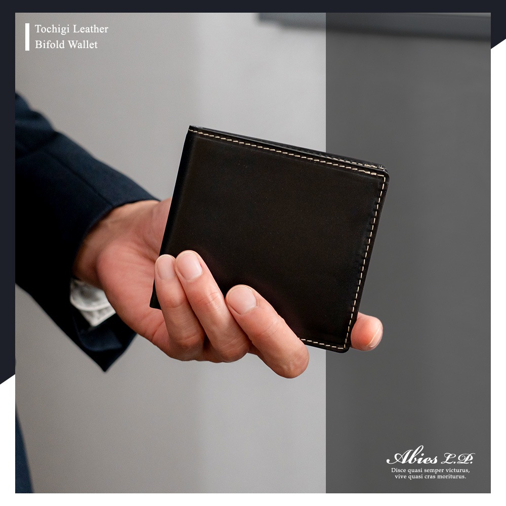 栃木レザー 二つ折り財布（小銭入れなしタイプ）日本製 牛革 ABIES L.P.（アビエス）日本最高峰のタンニンなめし革