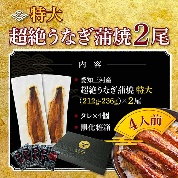 愛知三河産　超絶うなぎ蒲焼（212g-236g）×特大2尾