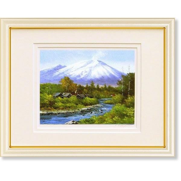 油彩画 山の風景 ホワイトフレーム （絵画 日本 岐阜県 冬 白川