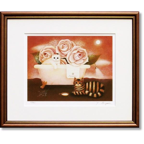 秋吉由紀子 「五月のレモンパイ」 版画 レトロ 猫 ネコ ハチワレ 美品