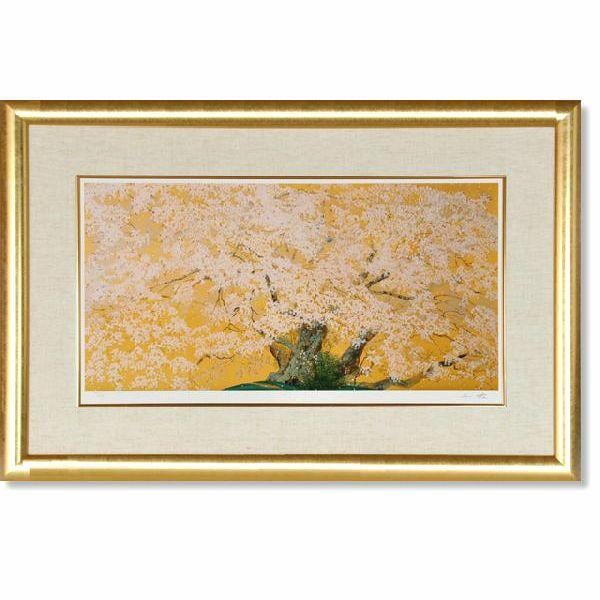 新品】中島千波 『阿蘇一心行の櫻』　ポスター 複製　額付　金色背景　F37-1 中島千波・一心行の桜（いっしんぎょうのさくら）（四曲一隻屏風