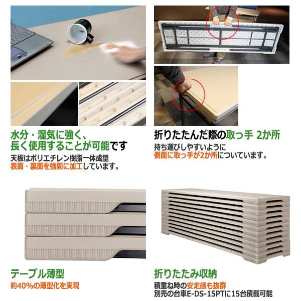 樹脂天板 会議用折りたたみテーブル 屋外屋台イベント用 棚なし E-PET-1850 幅1800xD500x高さ700mm 雨 水 店舗 お祭り 自治会 公民館 自治体 売店