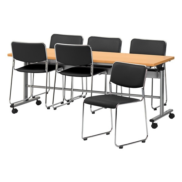 社員食堂用テーブルセット 6人用 折りたたみ キャスター付き 椅子収納 社員食堂用テーブルセット E-RFC-1875 1脚 + チェアE-FC-77V 6脚 休憩室 机 工場 会社 食堂 テーブル 社員食堂