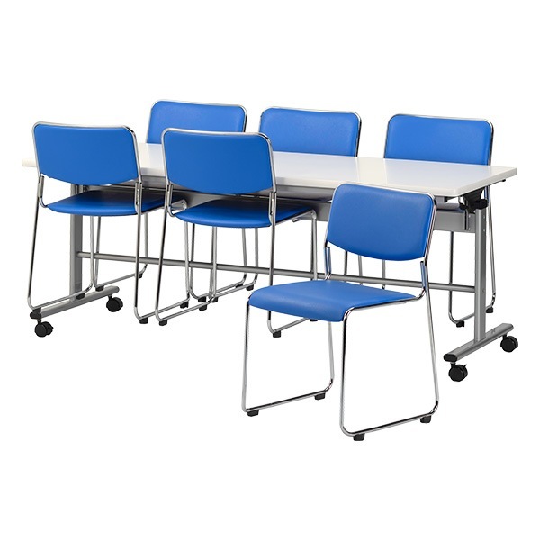 社員食堂用テーブルセット 6人用 折りたたみ キャスター付き 椅子収納 社員食堂用テーブルセット E-RFC-1875 1脚 + チェアE-FC-77V 6脚 休憩室 机 工場 会社 食堂 テーブル 社員食堂