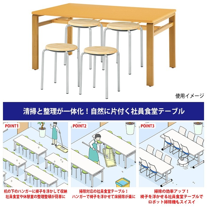 社員食堂用テーブルセット 休憩室 テーブル セット 4人用 床掃除が便利な機能付 E-MU-1590 1台 + 丸椅子E-CX-56 4脚 社員食堂用テーブル 椅子 机 工場 会社