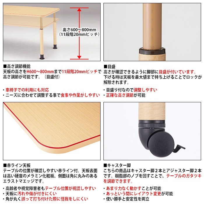 介護用テーブル 高さ調整 MK-F1812C 幅1800x奥行1200x高さ600～800mm 凹型 キャスター脚 福祉施設 介護施設 デイサービス 老人ホーム