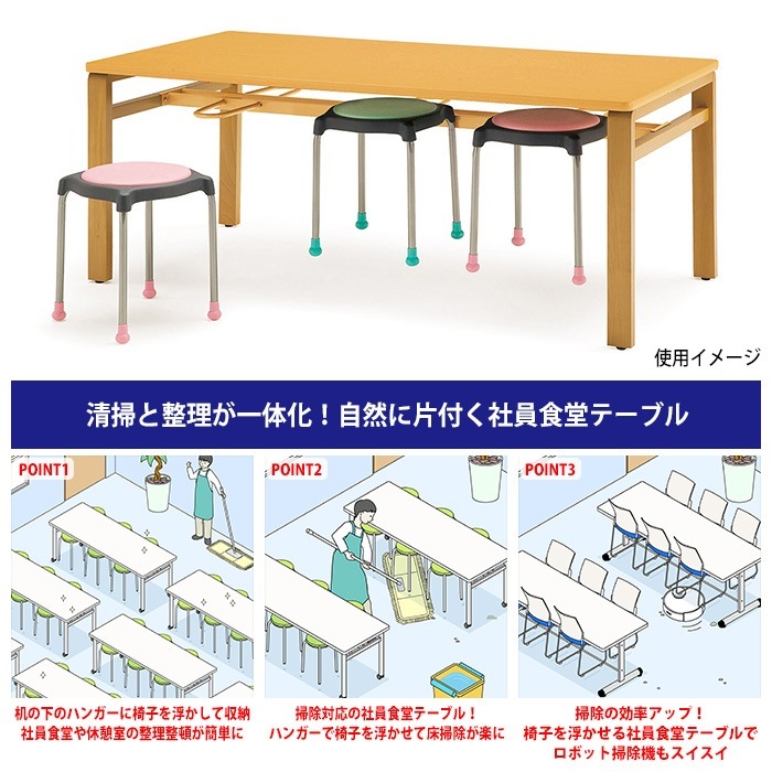 社員食堂テーブル 6人掛け 床掃除が便利な機能付 E-MU-1890 幅1800x奥行900x高さ700mm 休憩室 机 会社 工場 食堂テーブル 社員食堂用テーブル サイズ