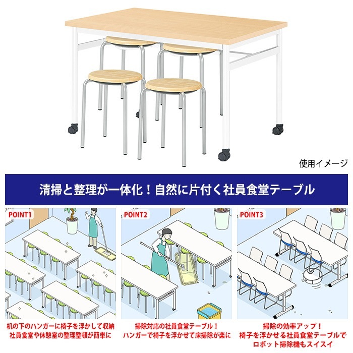 社員食堂用テーブルセット 休憩室 テーブル セット 4人用 床掃除が便利な機能付 E-RHM-1275C 1台 + 丸椅子E-CX-56 4脚 社員食堂用テーブル 椅子 机 工場 会社
