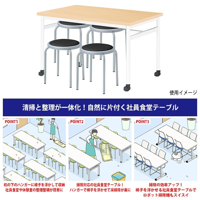 社員食堂用テーブルセット 休憩室 テーブル セット 4人用 床掃除が便利な機能付 E-RHM-1275C 1台 + 丸椅子E-ST-25T 4脚 社員食堂用テーブル 椅子 机 工場 会社