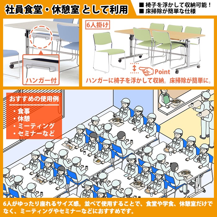社員食堂 テーブルセット 6人用 折りたたみ キャスター付 会社 食堂テーブル 折り畳み MTS-HT1875-FSC-15SL-6 社員食堂テーブル MTS-HT1875 1台 + 社員食堂椅子 FSC-15SL 6脚セット 休憩室 テーブルセット