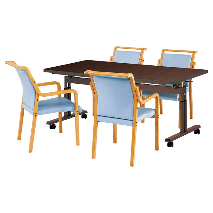 介護テーブル 高さ調整 介護施設テーブル 介護用テーブルセット 4人用 昇降式 キャスター付き E-FIT-1690EBSET 老人ホーム デイサービス グループホーム ソフトエッジテーブル 車椅子対応テーブル