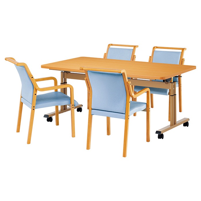 介護テーブル 高さ調整 介護施設テーブル 介護用テーブルセット 4人用 昇降式 キャスター付き E-FIT-1690EBSET 老人ホーム デイサービス グループホーム ソフトエッジテーブル 車椅子対応テーブル