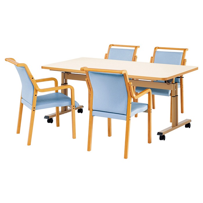 介護テーブル 高さ調整 介護施設テーブル 介護用テーブルセット 4人用 昇降式 キャスター付き E-FIT-1690EBSET 老人ホーム デイサービス グループホーム ソフトエッジテーブル 車椅子対応テーブル