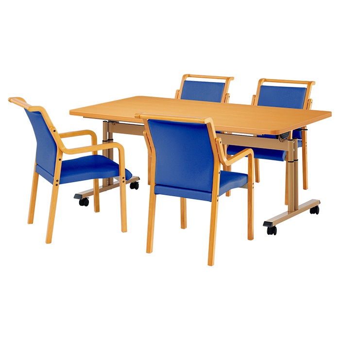 介護テーブル 高さ調整 介護施設テーブル 介護用テーブルセット 4人用 昇降式 キャスター付き E-FIT-1690EBSET 老人ホーム デイサービス グループホーム ソフトエッジテーブル 車椅子対応テーブル