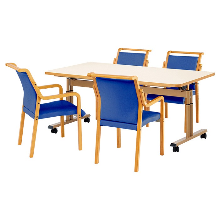 介護テーブル 高さ調整 介護施設テーブル 介護用テーブルセット 4人用 昇降式 キャスター付き E-FIT-1690EBSET 老人ホーム デイサービス グループホーム ソフトエッジテーブル 車椅子対応テーブル