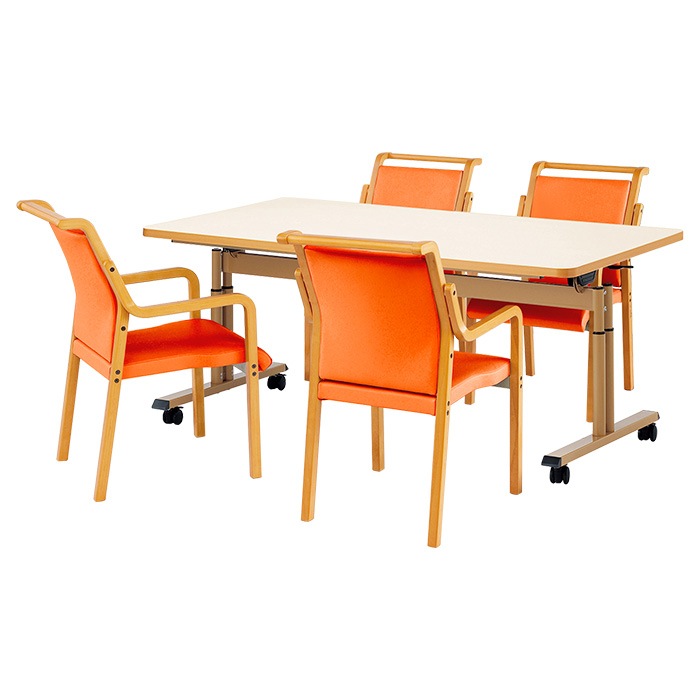 介護テーブル 高さ調整 介護施設テーブル 介護用テーブルセット 4人用 昇降式 キャスター付き E-FIT-1690EBSET 老人ホーム デイサービス グループホーム ソフトエッジテーブル 車椅子対応テーブル