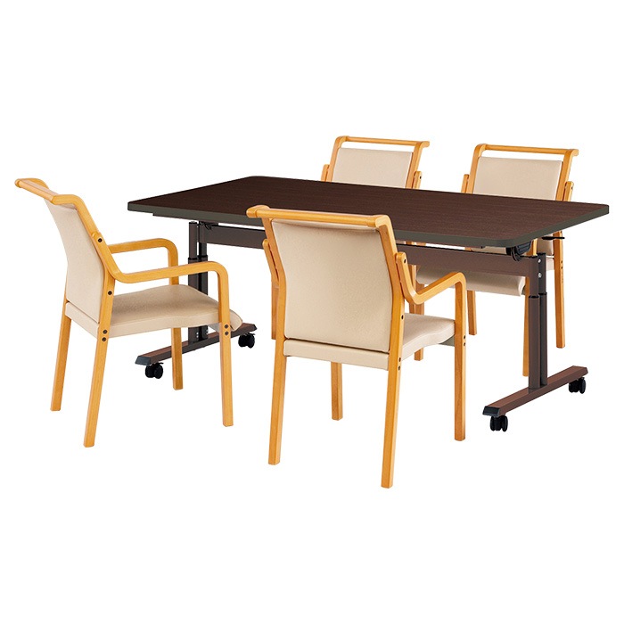 介護テーブル 高さ調整 介護施設テーブル 介護用テーブルセット 4人用 昇降式 キャスター付き E-FIT-1690EBSET 老人ホーム デイサービス グループホーム ソフトエッジテーブル 車椅子対応テーブル