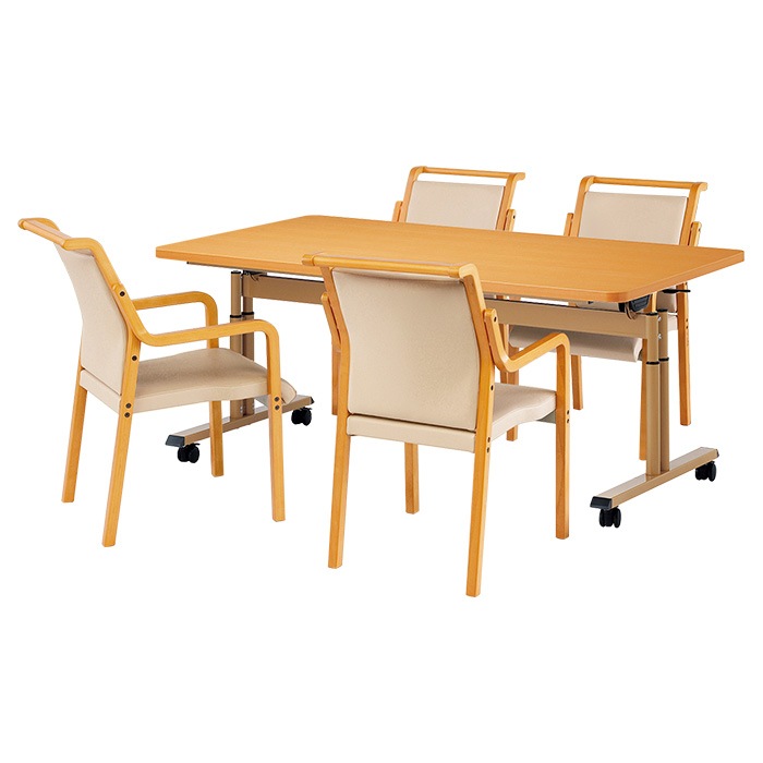 介護テーブル 高さ調整 介護施設テーブル 介護用テーブルセット 4人用 昇降式 キャスター付き E-FIT-1690EBSET 老人ホーム デイサービス グループホーム ソフトエッジテーブル 車椅子対応テーブル