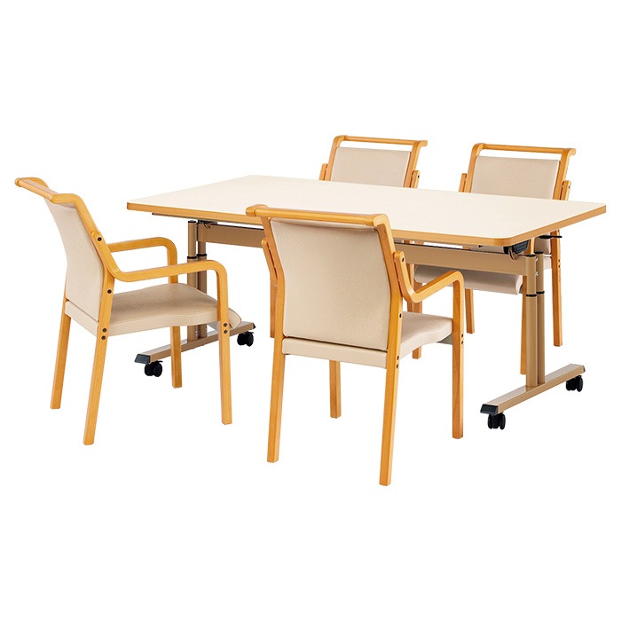 介護テーブル 高さ調整 介護施設テーブル 介護用テーブルセット 4人用 昇降式 キャスター付き E-FIT-1690EBSET 老人ホーム デイサービス グループホーム ソフトエッジテーブル 車椅子対応テーブル