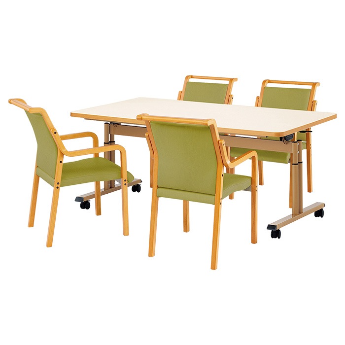 介護テーブル 高さ調整 介護施設テーブル 介護用テーブルセット 4人用 昇降式 キャスター付き E-FIT-1690EBSET 老人ホーム デイサービス グループホーム ソフトエッジテーブル 車椅子対応テーブル