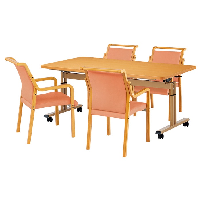 介護テーブル 高さ調整 介護施設テーブル 介護用テーブルセット 4人用 昇降式 キャスター付き E-FIT-1690EBSET 老人ホーム デイサービス グループホーム ソフトエッジテーブル 車椅子対応テーブル