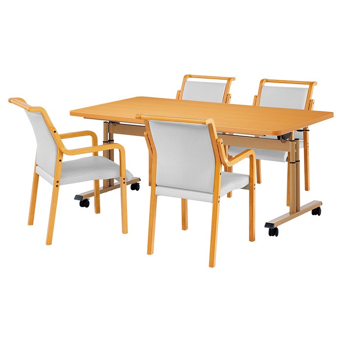 介護テーブル 高さ調整 介護施設テーブル 介護用テーブルセット 4人用 昇降式 キャスター付き E-FIT-1690EBSET 老人ホーム デイサービス グループホーム ソフトエッジテーブル 車椅子対応テーブル