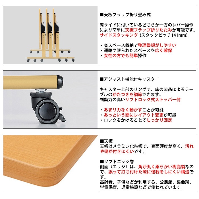 介護用テーブル 折りたたみ キャスター付き介護用テーブル 介護テーブル 介護施設テーブル E-TRV-1890S 幅1800x奥行900x高さ700mm ソフトエッジ巻 老人ホーム デイサービス グループホーム ソフトエッジテーブル
