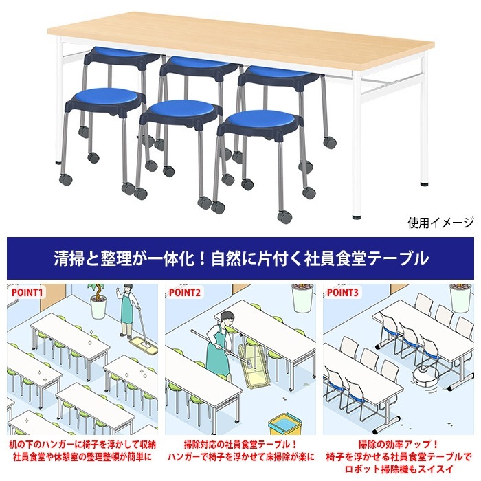 社員食堂用テーブルセット 休憩室 テーブル セット 6人用 床掃除が便利な機能付 E-RHM-1875A 1台 + 丸椅子E-CUPPO-CC 6脚 社員食堂用テーブル 椅子 机 工場 会社