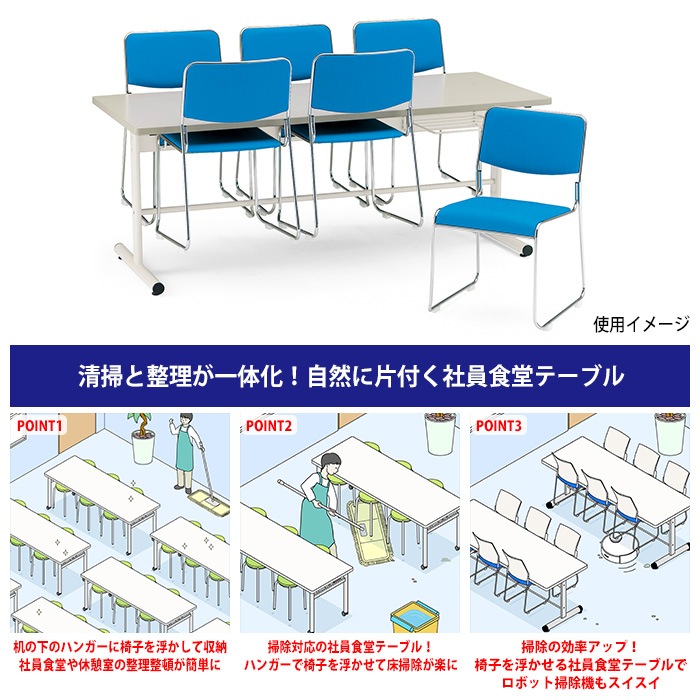 社員食堂用テーブルの椅子を浮かして収納して掃除を時短