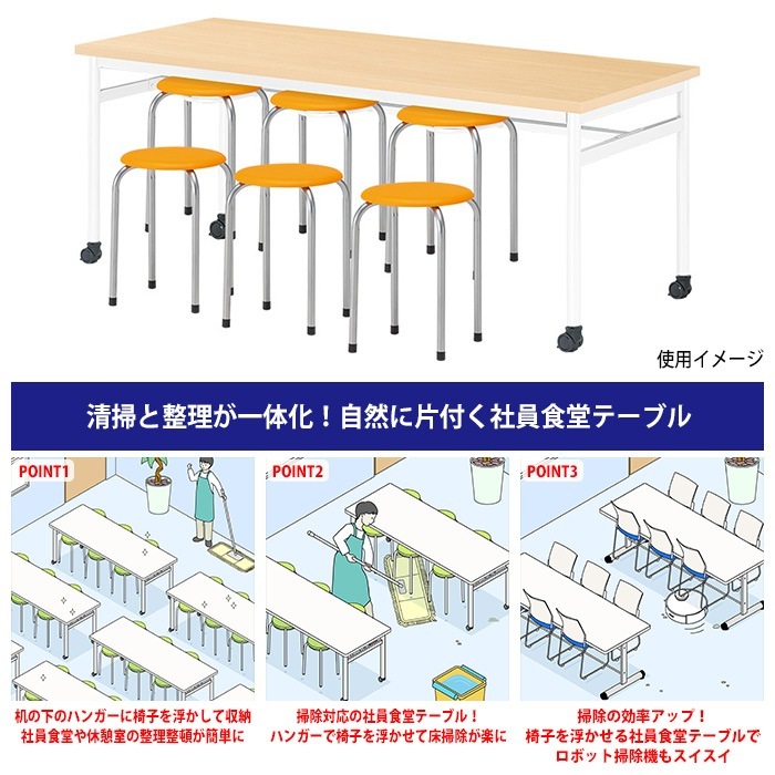 社員食堂用テーブルセット 休憩室 テーブル セット 6人用 床掃除が便利な機能付 E-RHM-1875C 1台 + 丸椅子M-22 6脚 社員食堂用テーブル 椅子 机 工場 会社