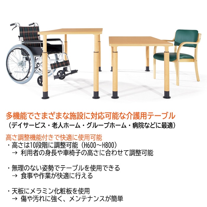 介護用テーブル 高さ調整 キャスター付き 介護テーブル 介護施設テーブル 昇降式 E-FPS-1890K 幅1800x奥行900x高さ600～800mm 角型 老人ホーム デイサービス グループホーム ソフトエッジテーブル 車椅子対応テーブル
