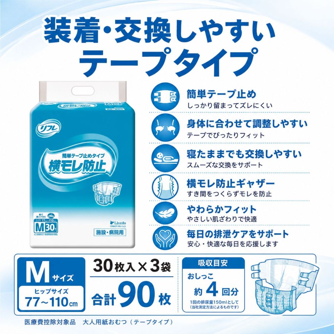大人用紙おむつ リフレ 簡単テープ止めタイプ横モレ防止 Mサイズ 30枚