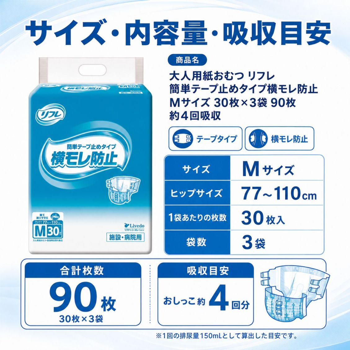 大人用紙おむつ リフレ 簡単テープ止めタイプ横モレ防止 Mサイズ 30枚