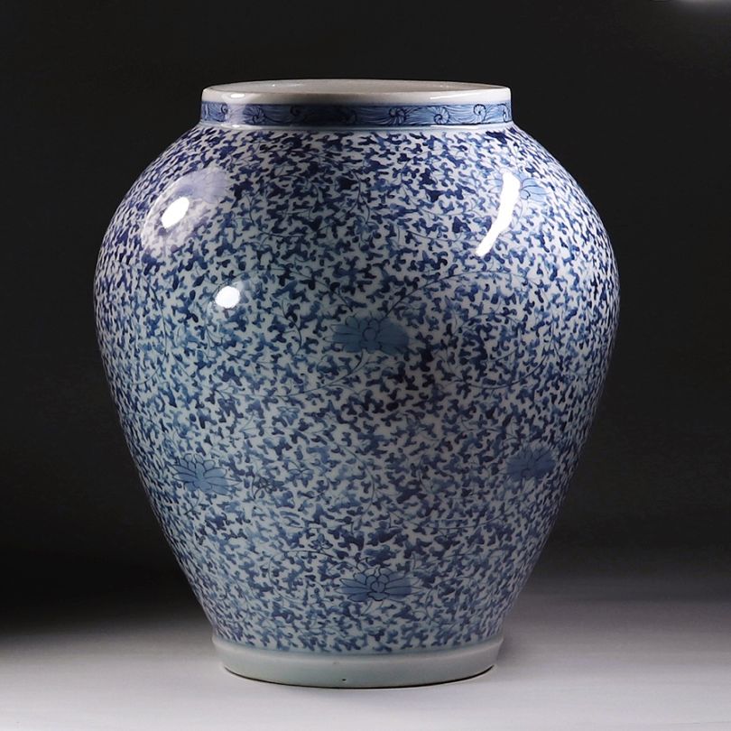 壷■古伊万里染付総蛸唐草瓶 古壺 蓋物 古い花瓶 蓋壷 青華 時代物 骨董品■ 古伊万里 壷 江戸時代 染付 花唐草文