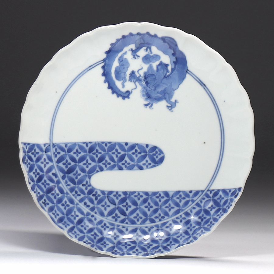 江戸期 古伊万里肥前染付『雲間龍之絵』深鉢 飾り鉢 径34.5cm共箱