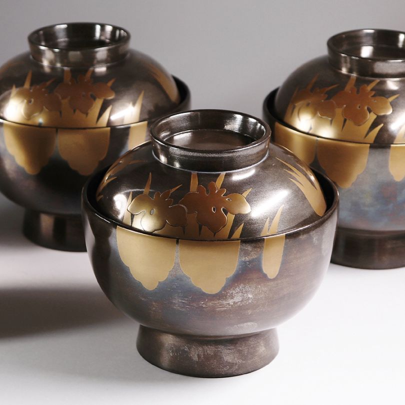 四代 中津正克 銀漆器 椀 輪島塗 中津漆器店 八つ橋 燕子花 五客 共箱付