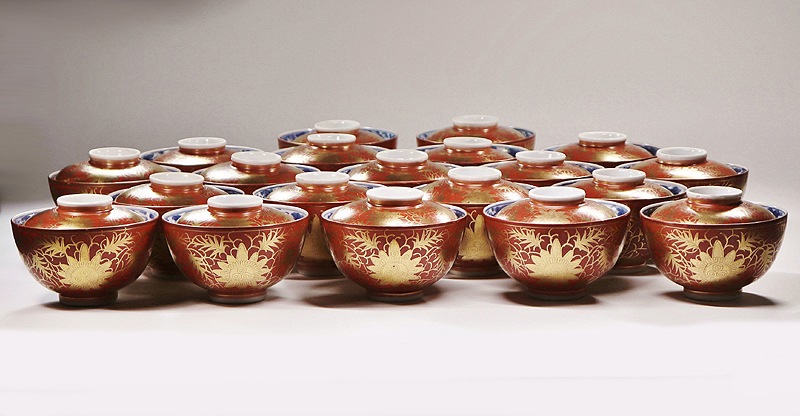 京焼 永楽善五郎造 色絵金彩 傘寿盃 高足杯 共箱 C