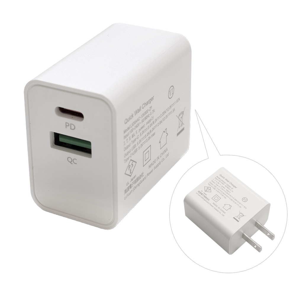 急速充電器 iPhone Android PD対応 QC対応 USB 2ポート 20W 白ボディー