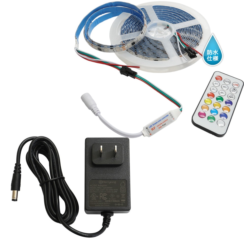 ή���LED�ơ��ץ饤�� �ɿ� RGB 12V 5m ��١��� RF��⥳���դ� 5050SMD 366�⡼�����+3A �����ץ������å�