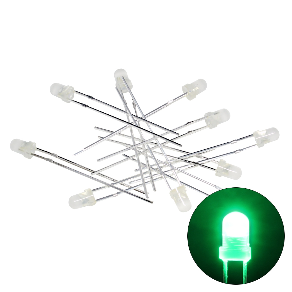 LED 3mm ˤƷ п 򿧥 2000-3000mcd 517-520nm 3.0-3.2V 100