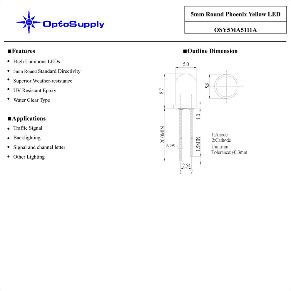 LED ȯ������������ 5mm ˤ�Ʒ� ���� OptoSupply 25000-30000mcd OSY5MA5111A 20��