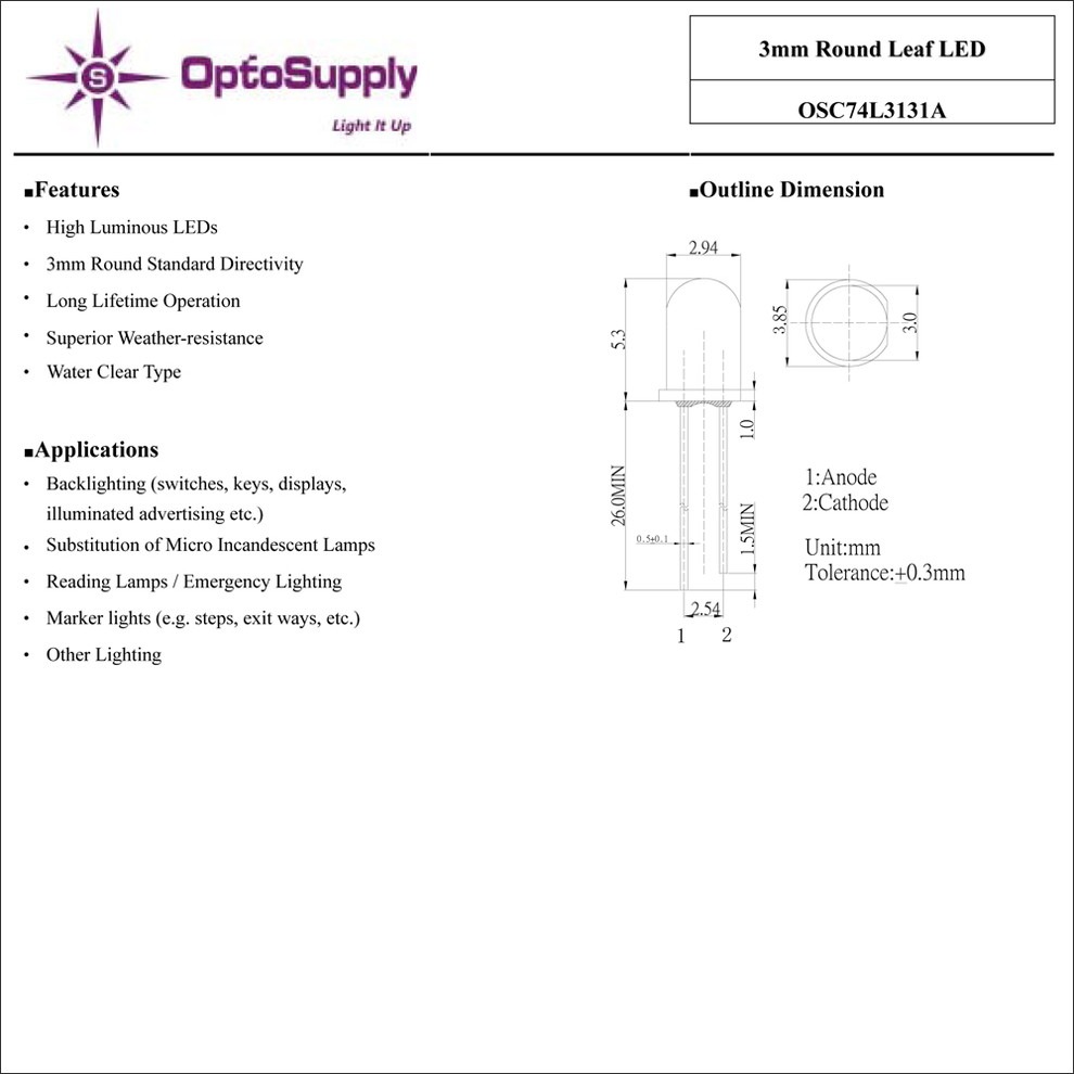 LED 3mm ˤ�Ʒ� LEAF OptoSupply OSC74L3131A 20��